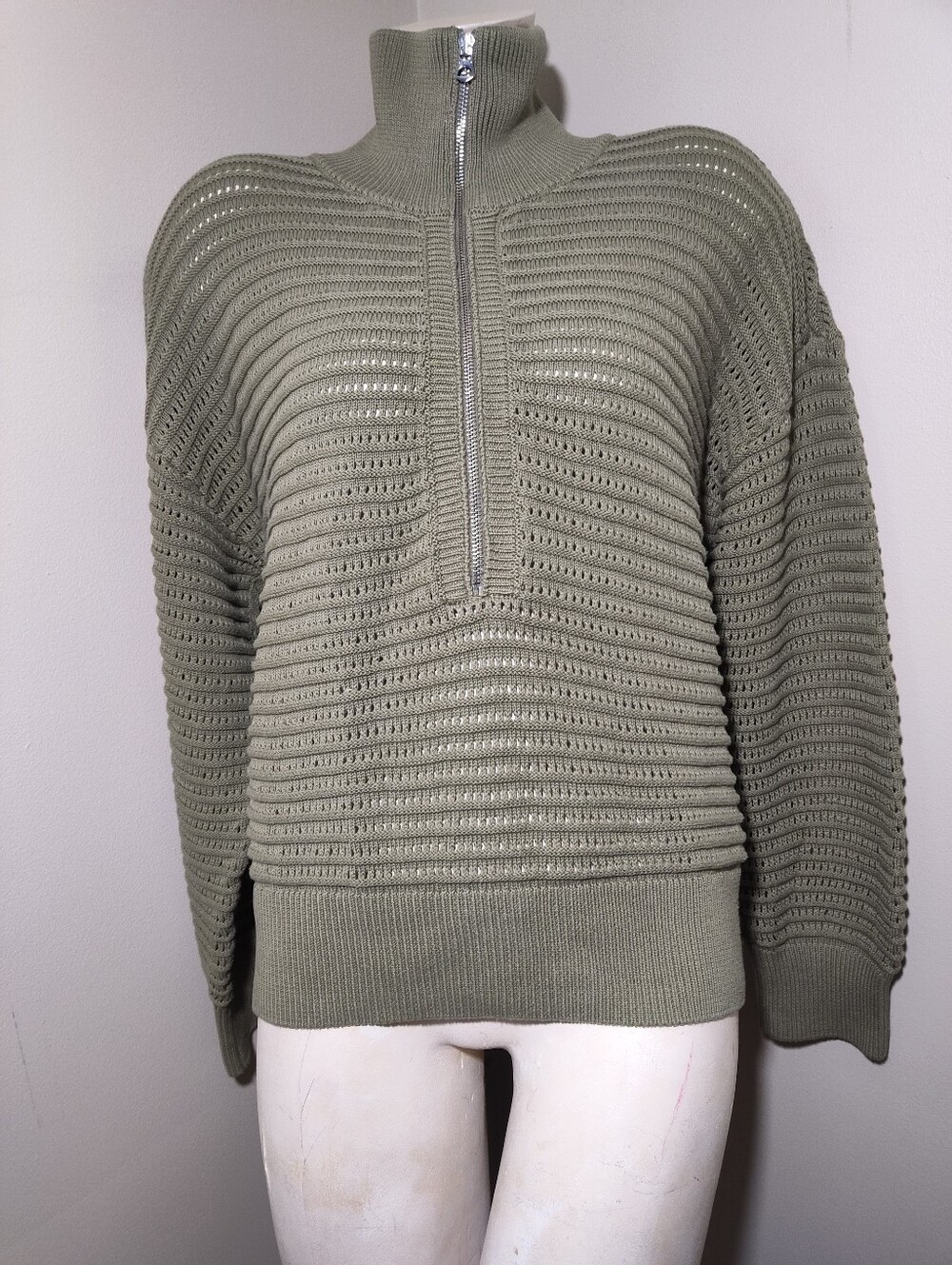 VARLEY Tara Pointelle Half-Zip Cotton Knit Sweater Sage Green XL - Picture 5 of 13